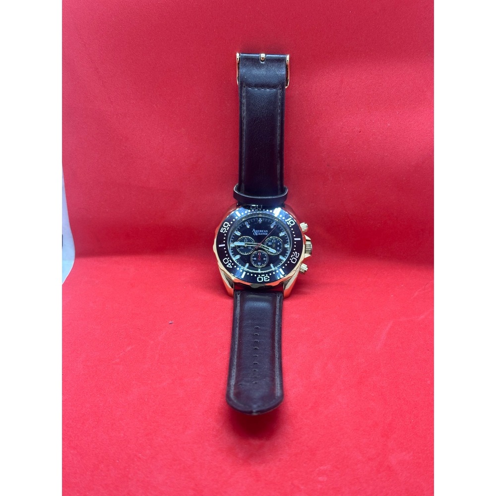 American Exchange Mens Gold Tone Chronograph Style Watch Black Leather Strap - Picture 6 of 14